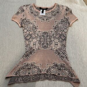 BCBG Max Azria Knit Top Blush Black Pattern Peplum Short Sleeve XS